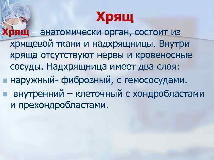 Хрящ – анатомически орган, состоит из хрящевой ткани и надхрящницы. Внутри хряща отсутствуют нервы