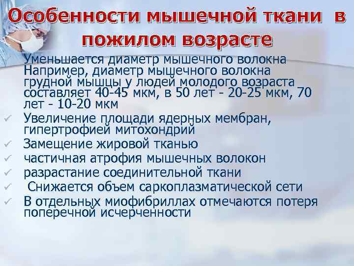 Особенности мышечной ткани в пожилом возрасте ü ü ü ü Уменьшается диаметр мышечного волокна