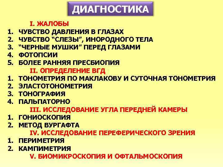 ДИАГНОСТИКА 1. 2. 3. 4. 5. 1. 2. 3. 4. 1. 2. I. ЖАЛОБЫ