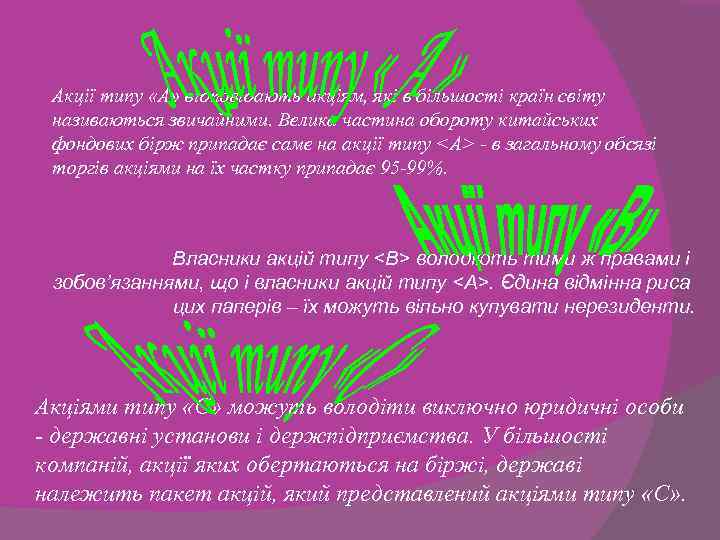 Акції типу «A» відповідають акціям, які в більшості країн світу називаються звичайними. Велика частина