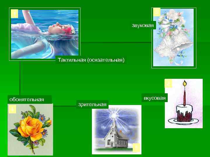 3 1 звуковая Тактильная (осязательная) 2 обонятельная 4 вкусовая зрительная 5 