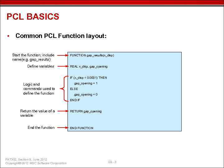 PCL BASICS • Common PCL Function layout: Start the function; include name(e. g. gap_results)