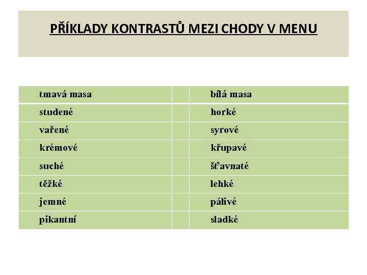 PŘÍKLADY KONTRASTŮ MEZI CHODY V MENU tmavá masa bílá masa studené horké vařené syrové