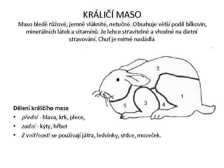 KRÁLIČÍ MASO Maso bledě růžové, jemně vláknité, netučné. Obsahuje větší podíl bílkovin, minerálních látek