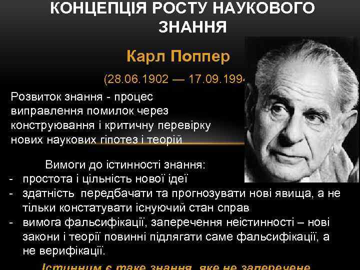 КОНЦЕПЦІЯ РОСТУ НАУКОВОГО ЗНАННЯ Карл Поппер (28. 06. 1902 — 17. 09. 1994) Розвиток