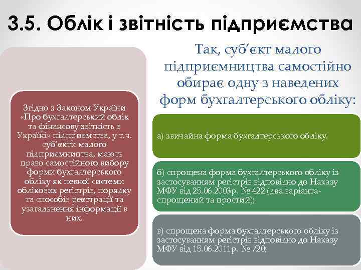 3. 5. Облік і звітність підприємства Згідно з Законом України «Про бухгалтерський облік та