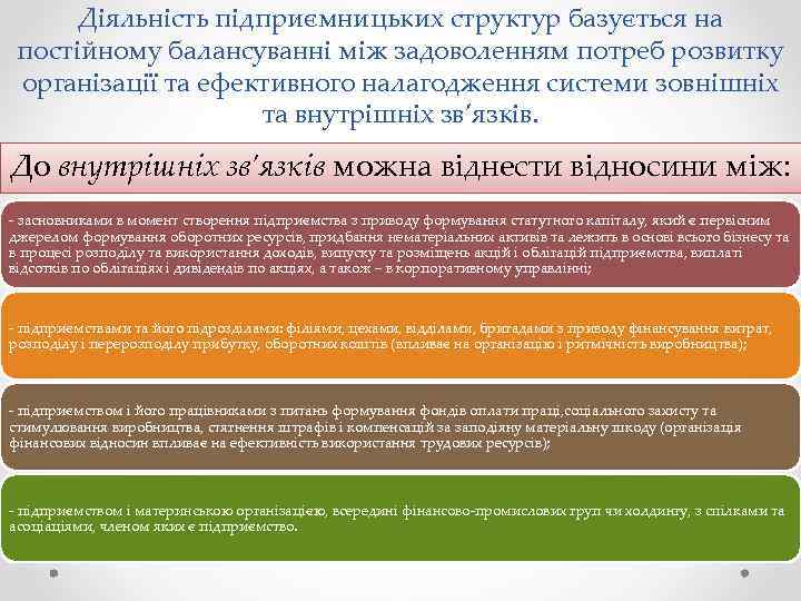 Діяльність підприємницьких структур базується на постійному балансуванні між задоволенням потреб розвитку організації та ефективного