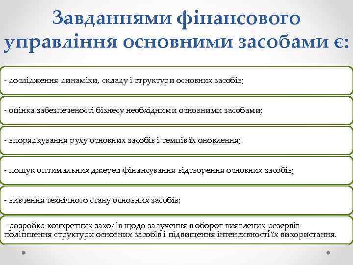 Завданнями фінансового управління основними засобами є: - дослідження динаміки, складу і структури основних засобів;