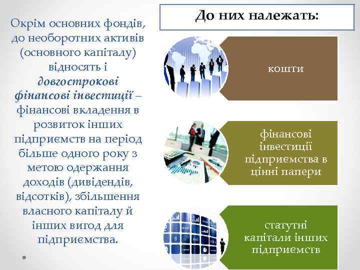 Окрім основних фондів, до необоротних активів (основного капіталу) відносять і довгострокові фінансові інвестиції –