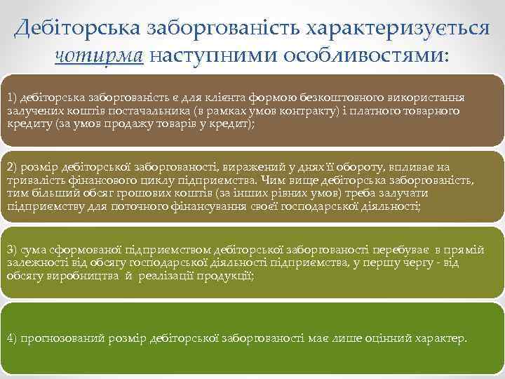 Дебіторська заборгованість характеризується чотирма наступними особливостями: 1) дебіторська заборгованість є для клієнта формою безкоштовного