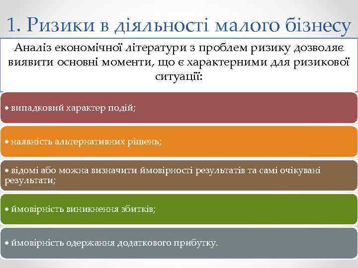 1. Ризики в діяльності малого бізнесу Аналіз економічної літератури з проблем ризику дозволяє виявити