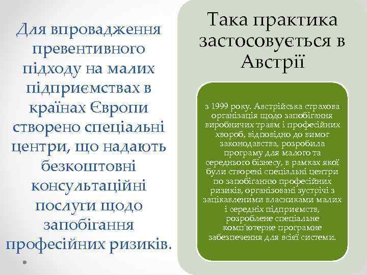 Для впровадження превентивного підходу на малих підприємствах в країнах Європи створено спеціальні центри, що