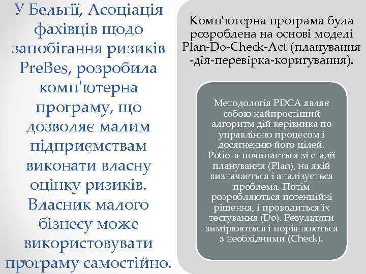 У Бельгії, Асоціація фахівців щодо запобігання ризиків Pre. Bes, розробила комп'ютерна програму, що дозволяє