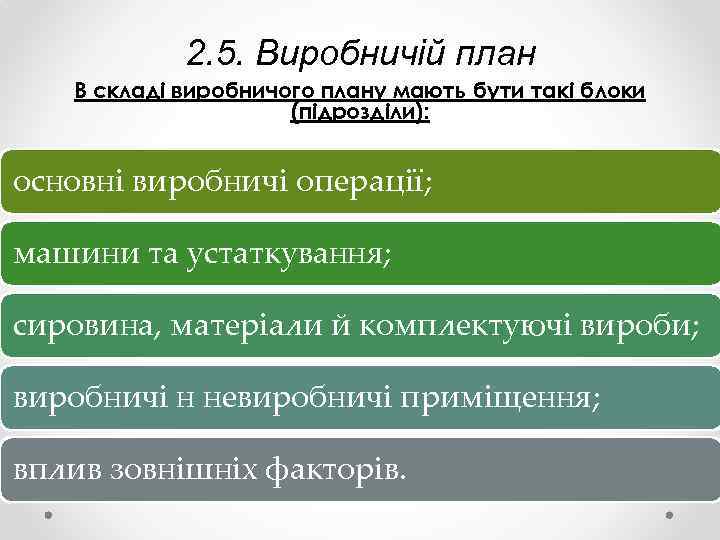 2. 5. Виробничій план В складі виробничого плану мають бути такі блоки (підрозділи): основні