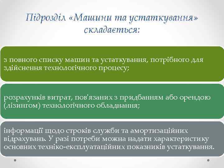 Підрозділ «Машини та устаткування» складається: з повного списку машин та устаткування, потрібного для здійснення