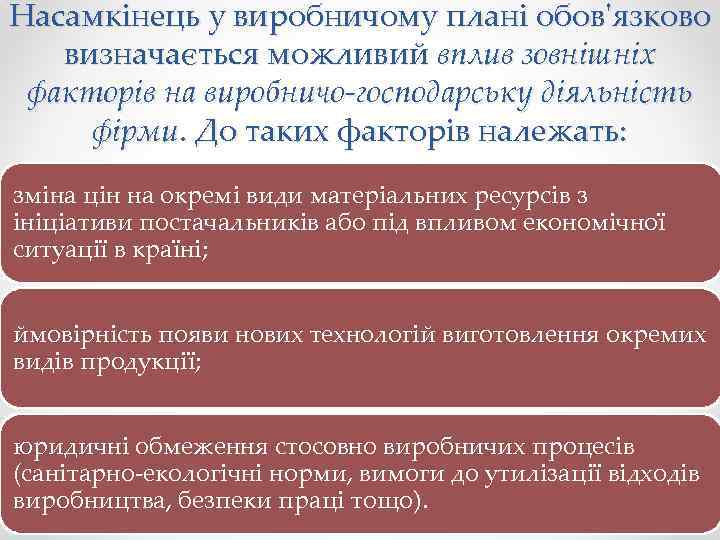 Насамкінець у виробничому плані обов'язково визначається можливий вплив зовнішніх факторів на виробничо-господарську діяльність фірми.