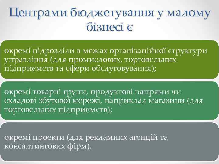 Центрами бюджетування у малому бізнесі є окремі підрозділи в межах організаційної структури управління (для