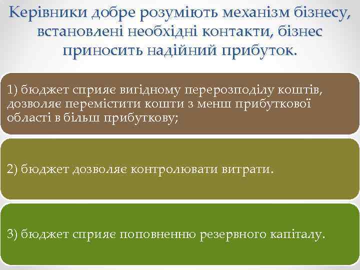 Керівники добре розуміють механізм бізнесу, встановлені необхідні контакти, бізнес приносить надійний прибуток. 1) бюджет