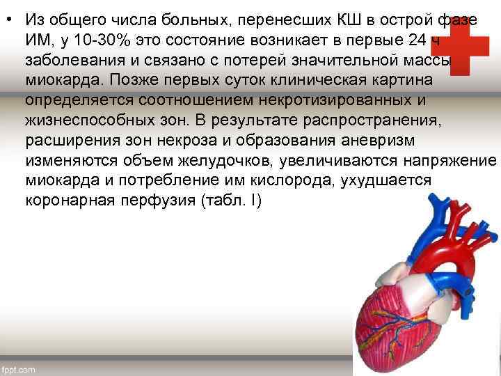  • Из общего числа больных, перенесших КШ в острой фазе ИМ, у 10