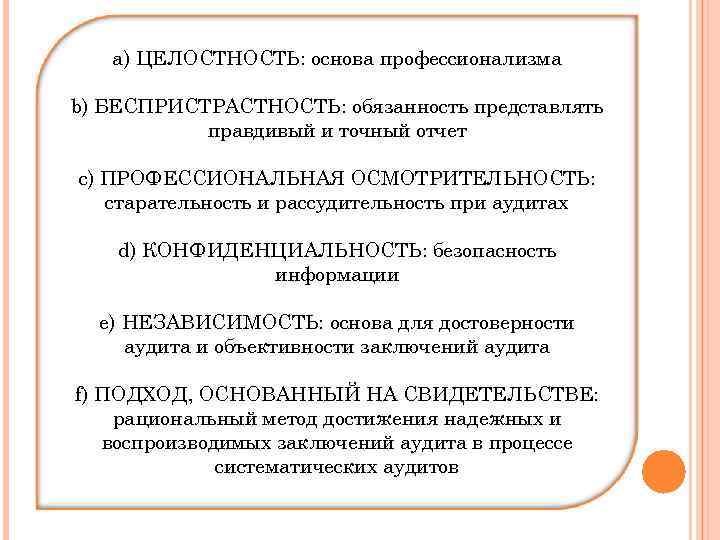 a) ЦЕЛОСТНОСТЬ: основа профессионализма b) БЕСПРИСТРАСТНОСТЬ: обязанность представлять правдивый и точный отчет c) ПРОФЕССИОНАЛЬНАЯ