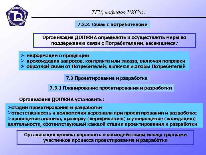 ТГУ, кафедра УКСи. С 7. 2. 3. Связь с потребителями Организация ДОЛЖНА определять и