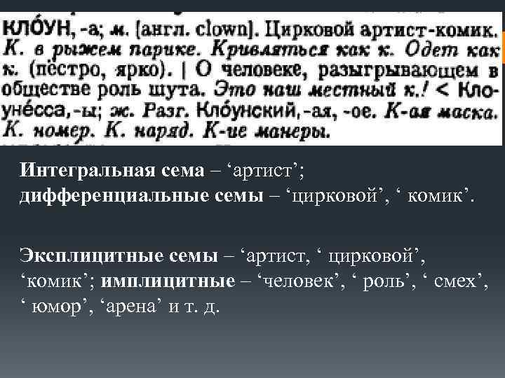 Интегральная сема – ‘артист’; дифференциальные семы – ‘цирковой’, ‘ комик’. Эксплицитные семы – ‘артист,