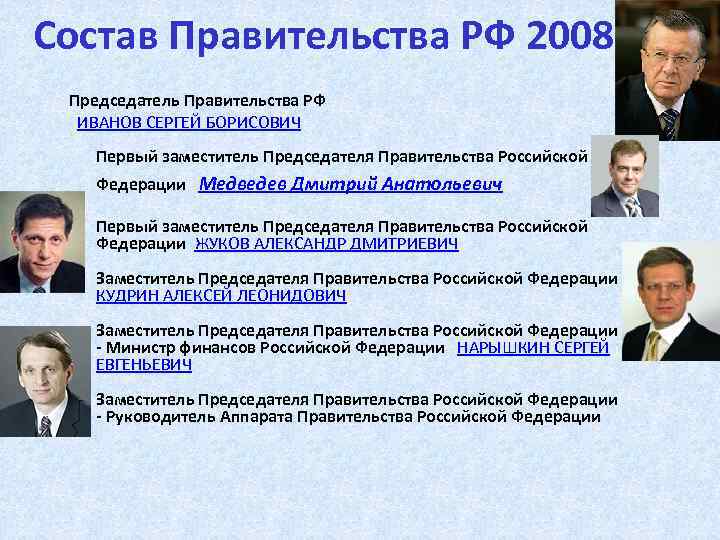 Состав Правительства РФ 2008 Председатель Правительства РФ ИВАНОВ СЕРГЕЙ БОРИСОВИЧ Первый заместитель Председателя Правительства