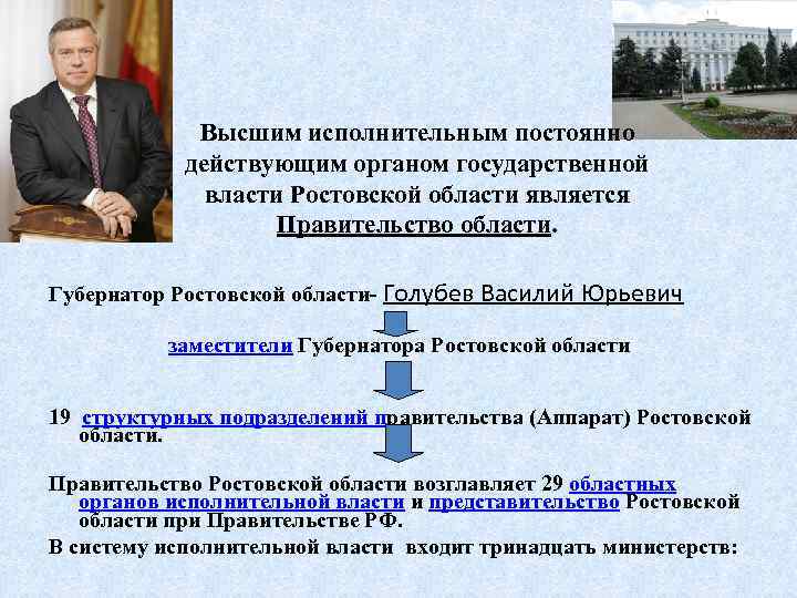 Высшим исполнительным постоянно действующим органом государственной власти Ростовской области является Правительство области. Губернатор Ростовской