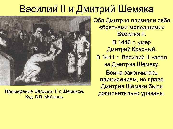 Василий II и Дмитрий Шемяка Примирение Василия II с Шемякой. Худ. В. В. Муйжель.