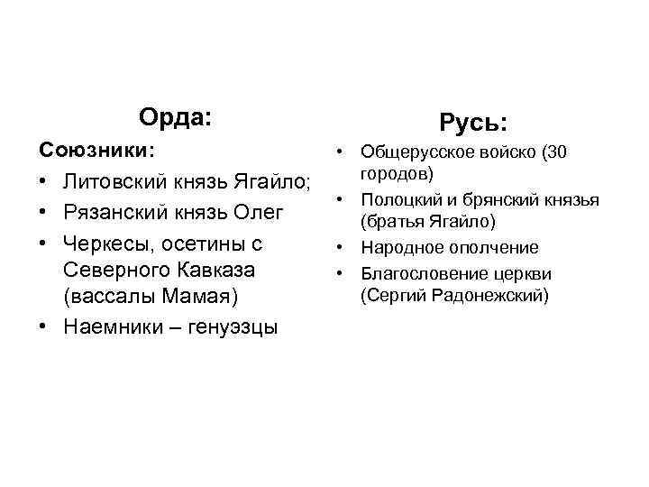 Орда: Русь: Союзники: • Литовский князь Ягайло; • Рязанский князь Олег • Черкесы, осетины