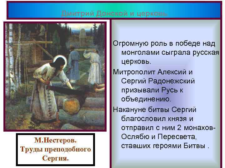 Дмитрий Донской и церковь М. Нестеров. Труды преподобного Сергия. Огромную роль в победе над