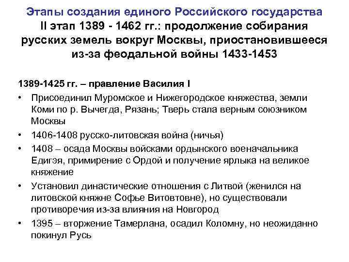 Этапы создания единого Российского государства II этап 1389 - 1462 гг. : продолжение собирания