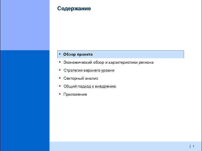 Содержание ▪ Обзор проекта ▪ Экономический обзор и характеристики региона ▪ Стратегия верхнего уровня