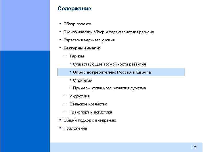 Содержание ▪ Обзор проекта ▪ Экономический обзор и характеристики региона ▪ Стратегия верхнего уровня