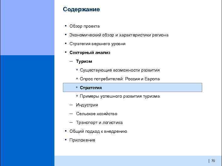 Содержание ▪ Обзор проекта ▪ Экономический обзор и характеристики региона ▪ Стратегия верхнего уровня