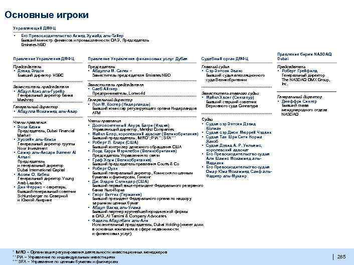 Основные игроки Управляющий ДМФЦ ▪ Его Превосходительство Ахмед Хумайд аль-Тайер Бывший министр финансов и