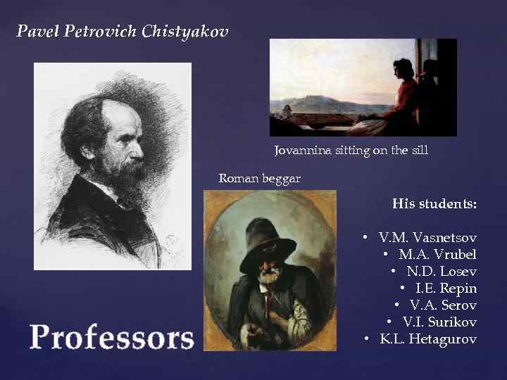 Pavel Petrovich Chistyakov Jovannina sitting on the sill Roman beggar His students: Professors •