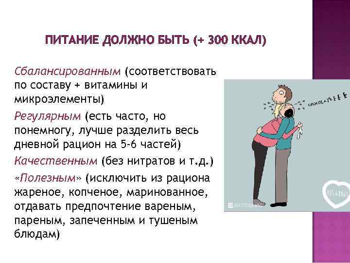 ПИТАНИЕ ДОЛЖНО БЫТЬ (+ 300 ККАЛ) Сбалансированным (соответствовать по составу + витамины и микроэлементы)
