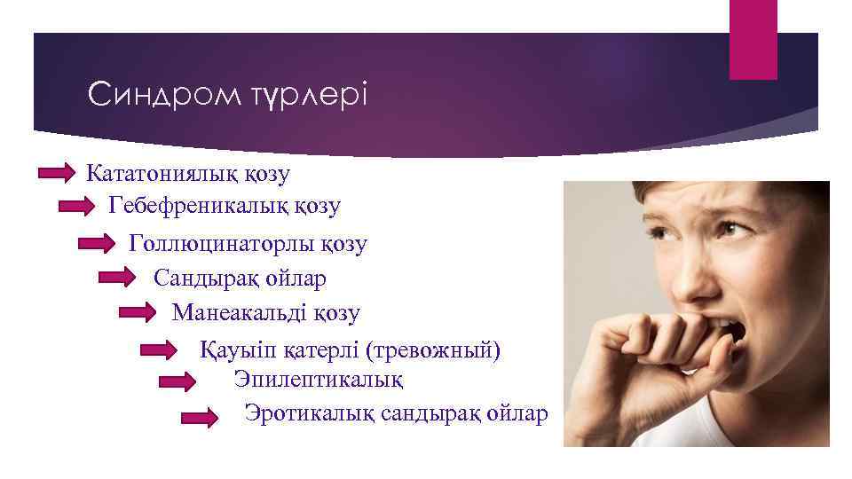 Синдром түрлері Кататониялық қозу Гебефреникалық қозу Голлюцинаторлы қозу Сандырақ ойлар Манеакальді қозу Қауыіп қатерлі