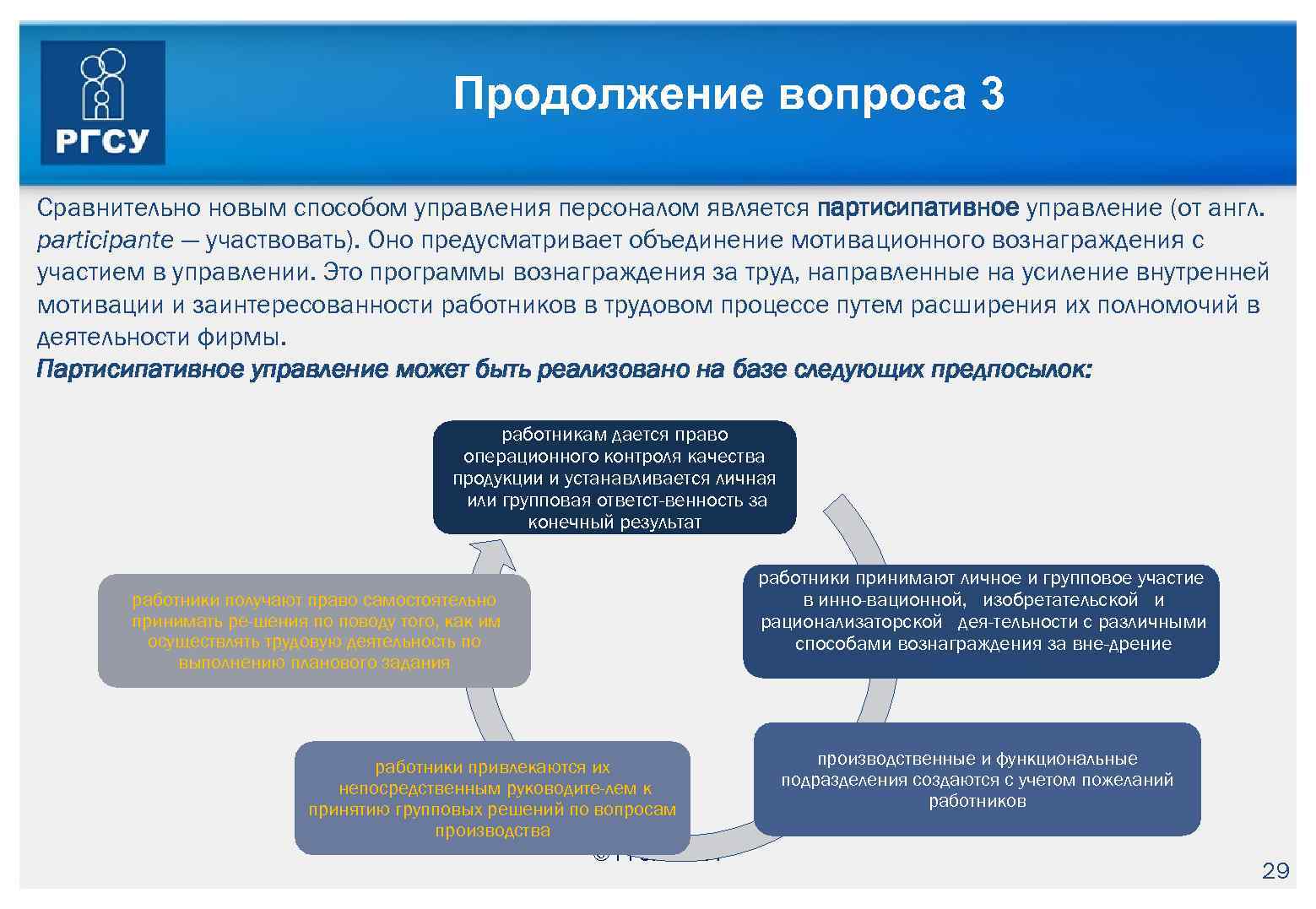 Продолжение вопроса 3 Сравнительно новым способом управления персоналом является партисипативное управление (от англ. participante