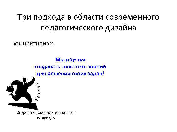 Три подхода в области современного педагогического дизайна коннективизм Мы научим создавать свою сеть знаний