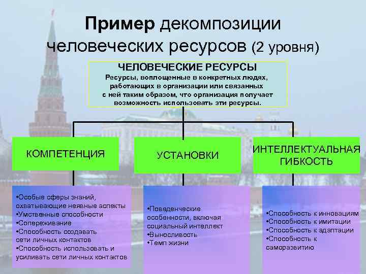Пример декомпозиции человеческих ресурсов (2 уровня) ЧЕЛОВЕЧЕСКИЕ РЕСУРСЫ Ресурсы, воплощенные в конкретных людях, работающих