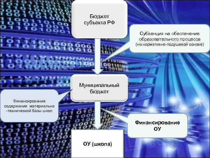 Бюджет субъекта РФ Субвенция на обеспечение образовательного процесса (на нормативно-подушевой основе) Муниципальный бюджет Финансирование