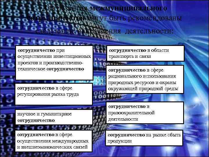 Для развития межмуниципального сотрудничества могут быть рекомендованы следующие направления деятельности: сотрудничество при осуществлении инвестиционных