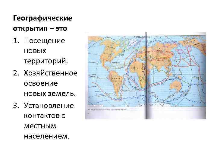 Географические открытия – это 1. Посещение новых территорий. 2. Хозяйственное освоение новых земель. 3.