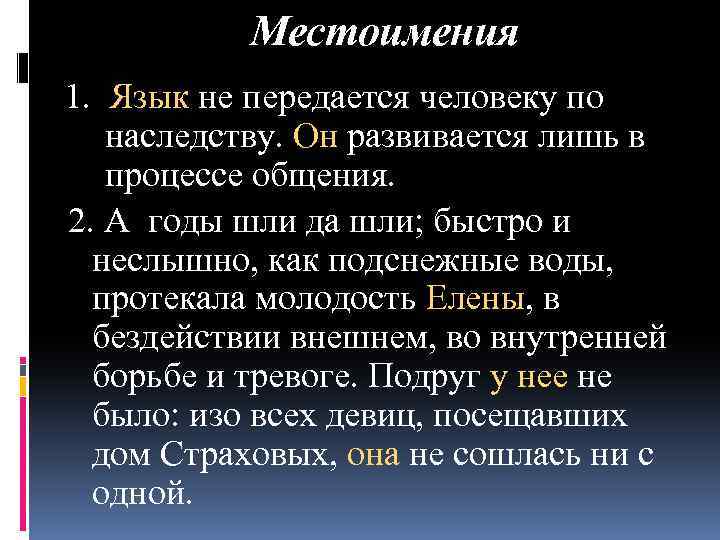 Местоимения 1. Язык не передается человеку по наследству. Он развивается лишь в процессе общения.