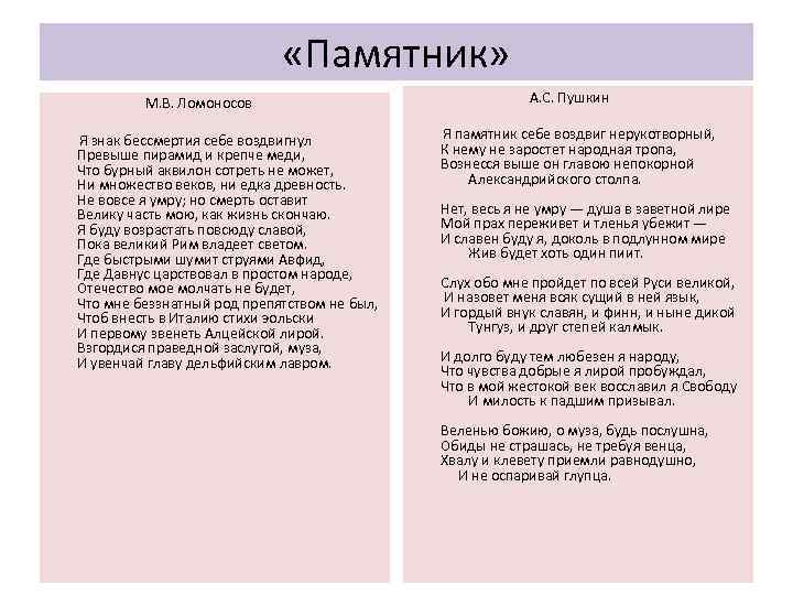  «Памятник» М. В. Ломоносов Я знак бессмертия себе воздвигнул Превыше пирамид и крепче