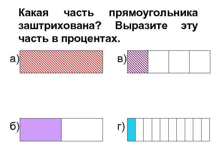 Какая часть прямоугольника заштрихована? Выразите эту часть в процентах. а) в) б) г) 