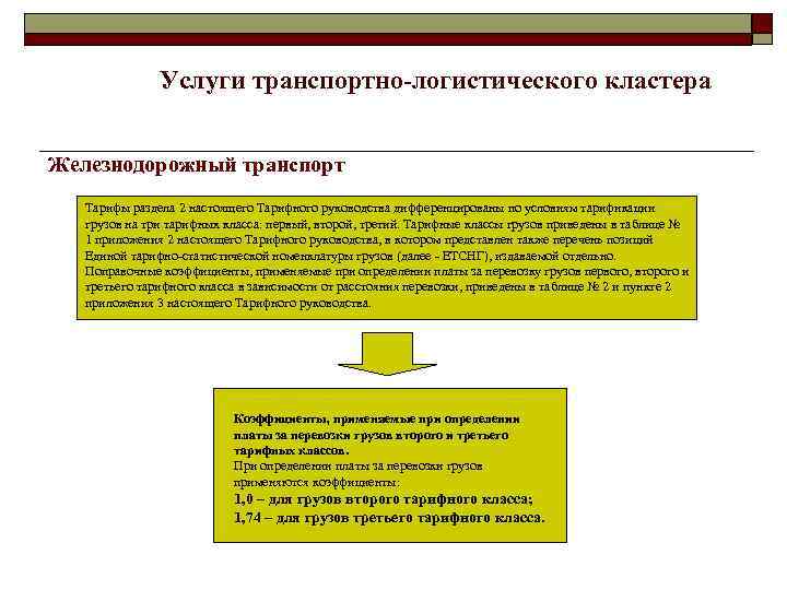 Услуги транспортно-логистического кластера Железнодорожный транспорт Тарифы раздела 2 настоящего Тарифного руководства дифференцированы по условиям