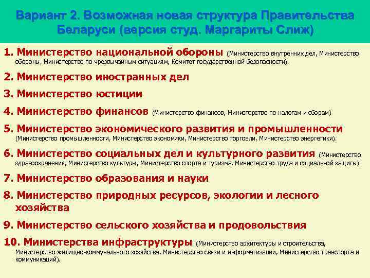 Вариант 2. Возможная новая структура Правительства Беларуси (версия студ. Маргариты Слиж) 1. Министерство национальной
